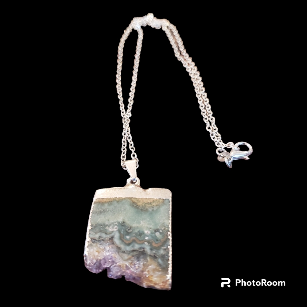 Raw Amethyst slice pendant 925 silver necklace